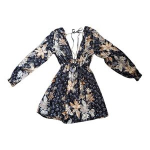 Free People Soli Plunge Neck Long Sleeve Floral Mini Dress XS